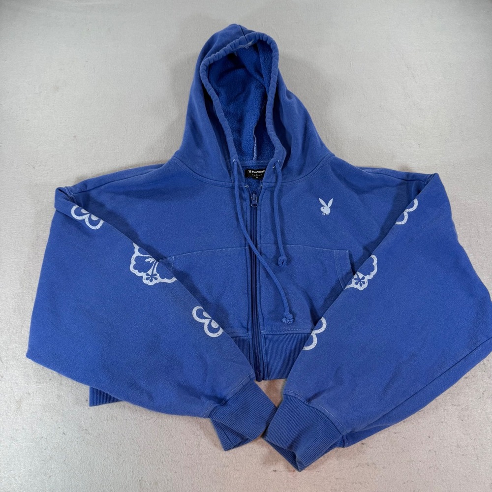 Playboy PacSun Cropped Zip Hoodie Womens M Blue Hibiscus Graphic